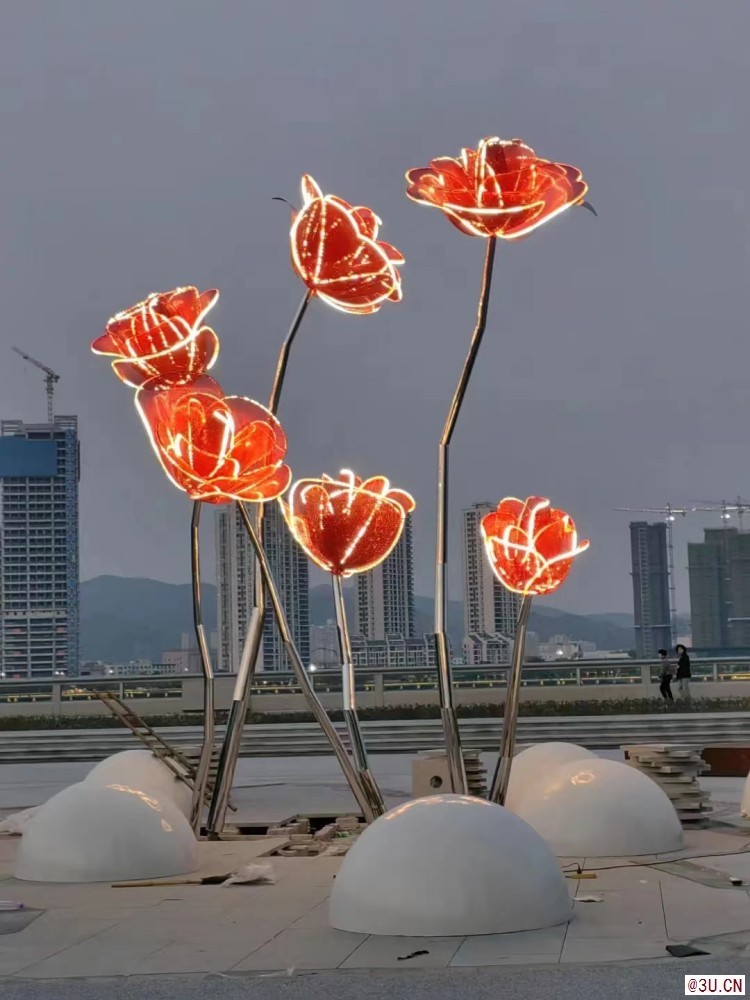 龍巖小景觀燈光玫瑰花不銹鋼雕塑 花開(kāi)朵朵擺件